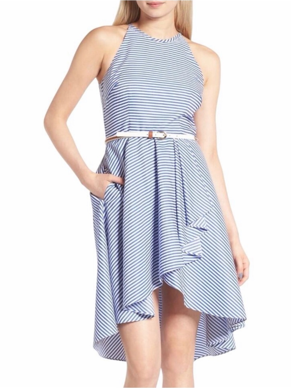 Eliza J High-Low Halter Dress in Blue and White Nautical